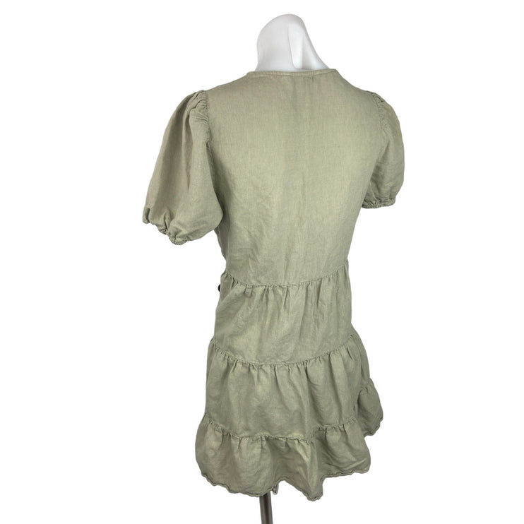 Zara Khaki Linen Blend V-neck Short Puff Sleeve Tiered Mini Babydoll Dress Sz S