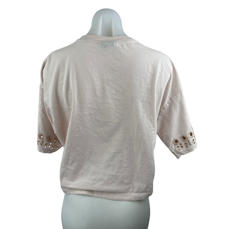 Topshop Pink Floral Embroidered Eyelet Boho Loose Boxy T Shirt Tee Top Size 4/6