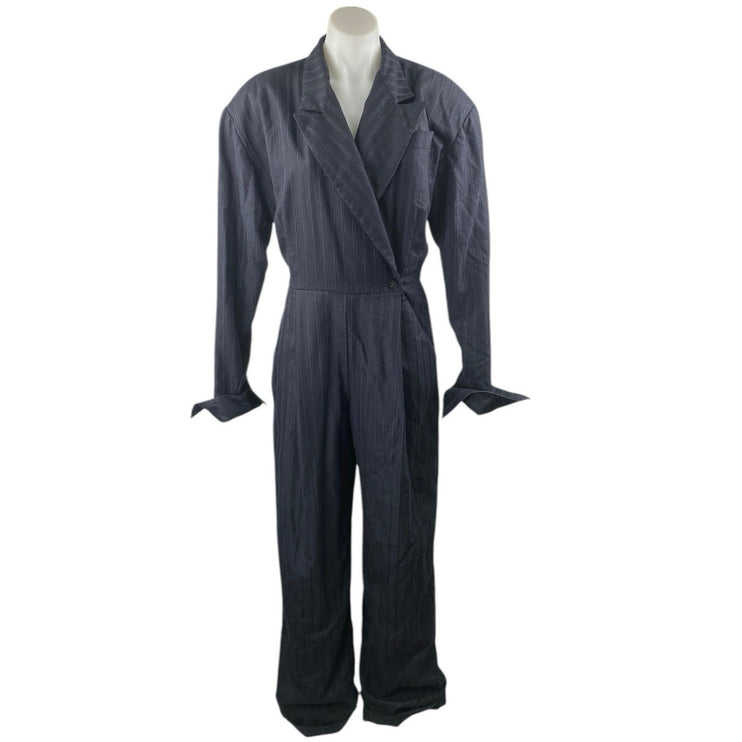 Women's Navy Blue Pinstriped Collared Long Sleeve Wide Leg Blazer Jumpsuit Sz M