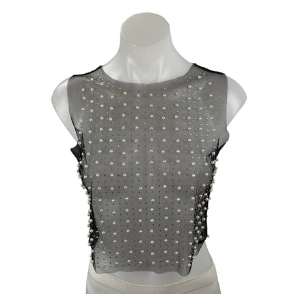 Women's Black Mesh Sheer Beaded Rhinestone Pearl Cami Tank Crop Top Size S