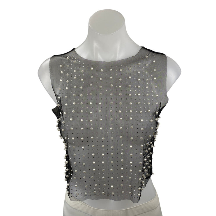 Women's Black Mesh Sheer Beaded Rhinestone Pearl Cami Tank Crop Top Size S