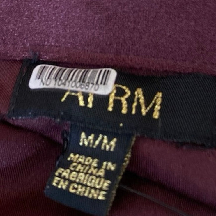 AFRM Red Maroon Plunge V-neck Long Puff Sleeve Ruched Crop Blouse Top Size M