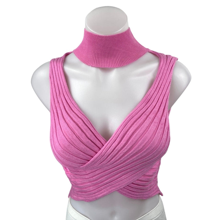 Superdown Alora Pink Sleeveless Ribbed Knit Turtleneck Wrap Crop Top Size XS