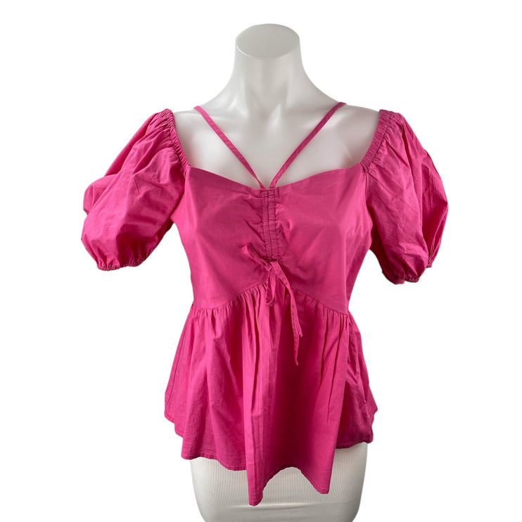 Aqua Women's Fuchsia Pink Short Puff Sleeve Ruched Tie Peplum Blouse Top Size M