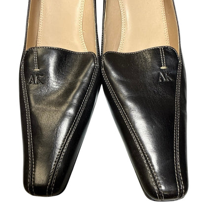 AK Anne Klein Women's Black Leather Slip On Square Toe Blook Heels Size 9M