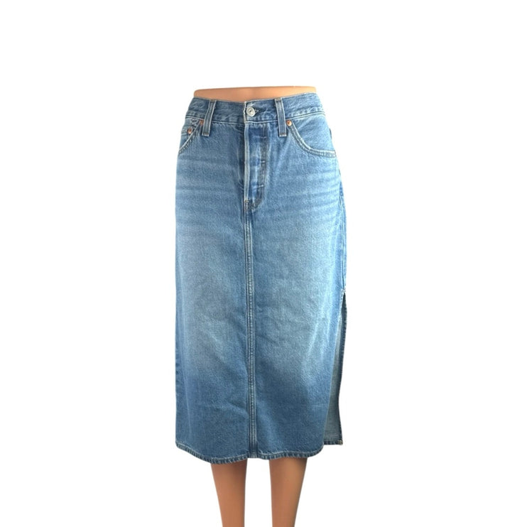 Levi's Light Blue High Rise Side Slit Classic Midi Flare A-Line Denim Skirt 27