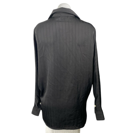 Commense Women's Black Silk Satin Striped Long Sleeve Button Down Shirt Top Sz S