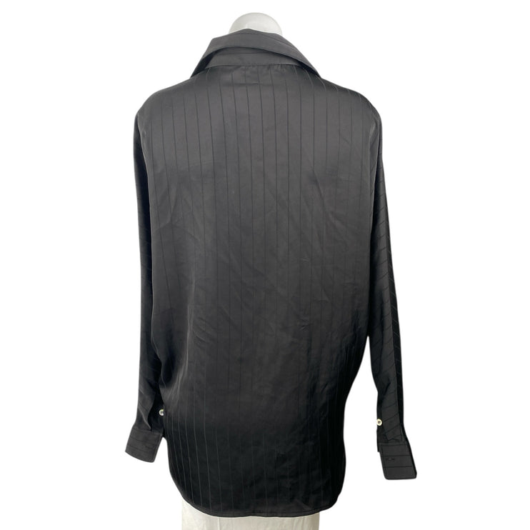 Commense Women's Black Silk Satin Striped Long Sleeve Button Down Shirt Top Sz S