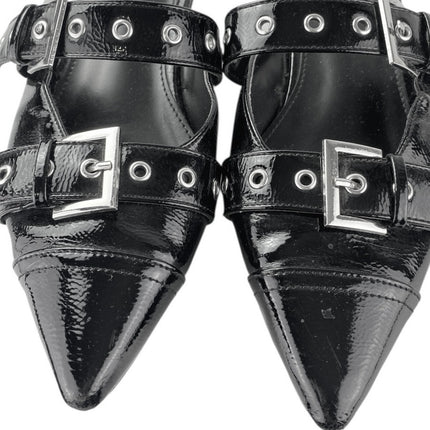 Shoe Dazzle Yasmeen Black Faux Patent Leather Buckle Strap Flats Mules Size 7.5