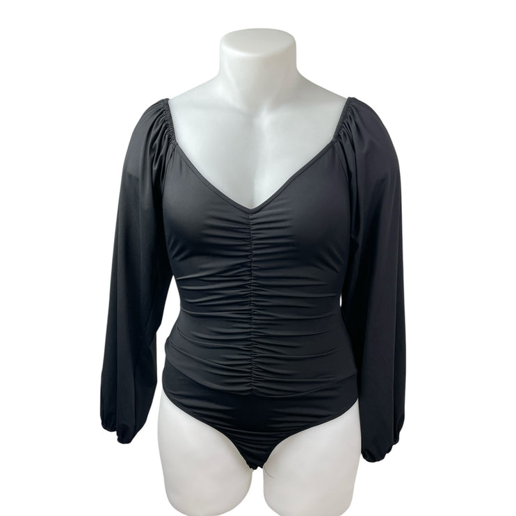Lulus Women's Black Ruched Sweetheart Neck Long Puff Sleeve Bodysuit Top Size XL