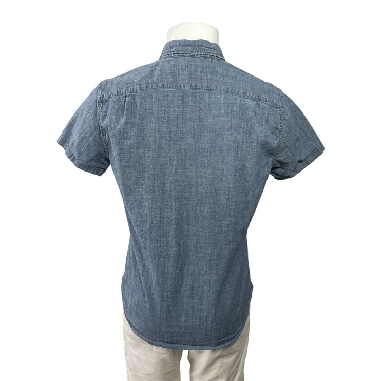 J.Crew Flex Mens Blue Collared Short Sleeve Button Down Denim Shirt Top Size M