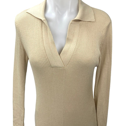 Topshop Beige Long Sleeve V Neck Collared Polo Knit Sweater Midi Dress Size 8-10