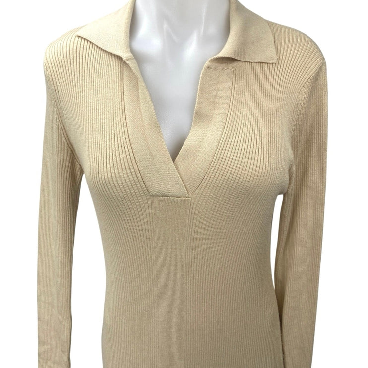 Topshop Beige Long Sleeve V Neck Collared Polo Knit Sweater Midi Dress Size 8-10