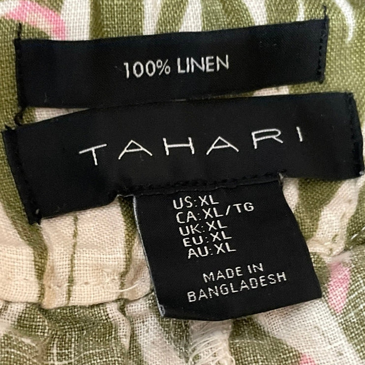 Tahari Green Cream Linen Tropical Palm Trees Print Summer Casual Shorts Size XL