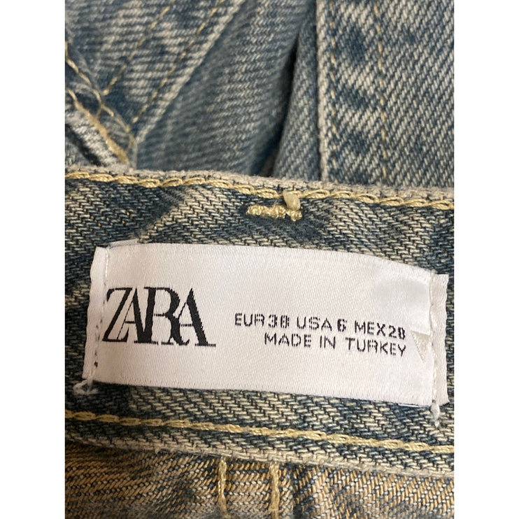 Zara Women's Blue High Waisted Baggy Wide Leg Frayed Raw Hem Denim Jeans Size 6