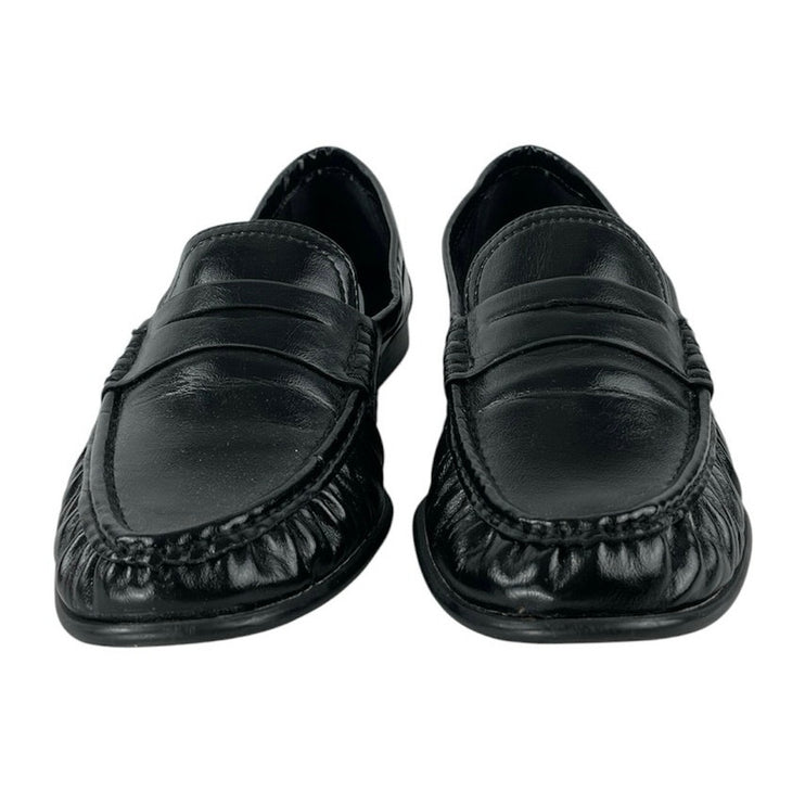Zara Women's Black Ruched Gathered Leather Slip On Penny Loafer Flat Shoes Sz 39