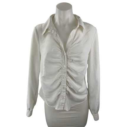 Sanctuary Women's White Ruched V Neck Long Sleeve Button Down Shirt Top Size M
