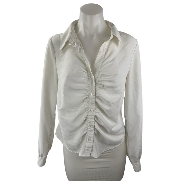 Sanctuary Women's White Ruched V Neck Long Sleeve Button Down Shirt Top Size M