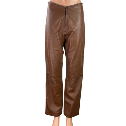 Nicola Berti Women's Brown 100% Leather High Rise Wide Leg Trousers Pants Size 6