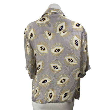 Kyle x Shahida 100% Silk Evil Eye Collared Half Sleeve Button Down Shirt Top L