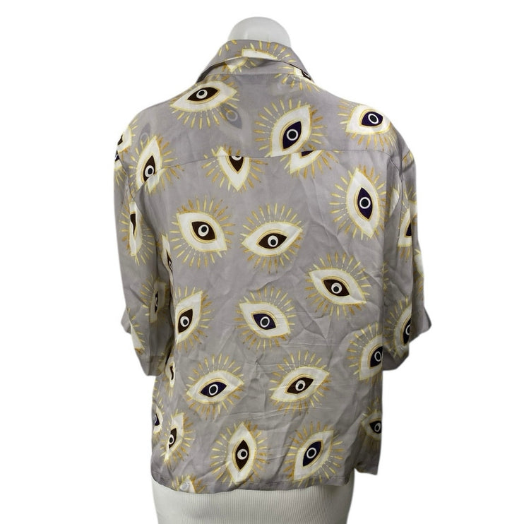 Kyle x Shahida 100% Silk Evil Eye Collared Half Sleeve Button Down Shirt Top L