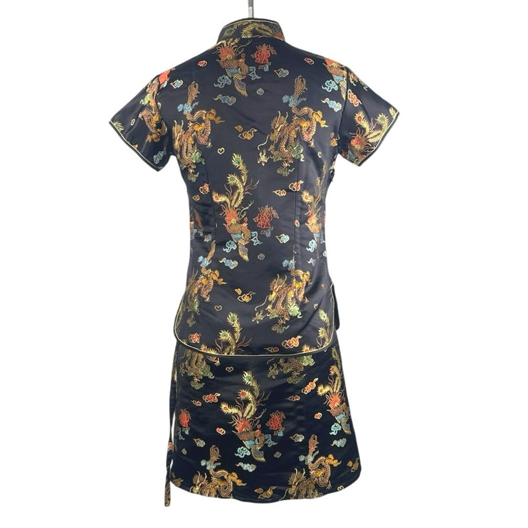 Laogudai Black Cheongsam Qipao Chinese Short Sleeve 2-Piece Skirt Set Size S