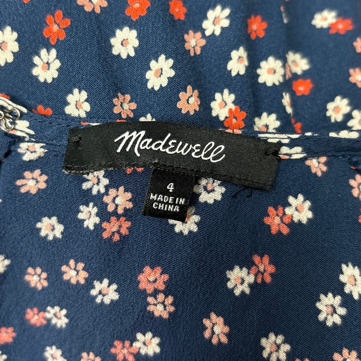 Madewell Women Navy Blue Daisy Floral Button Up Short Tie Sleeve Mini Dress Sz 4
