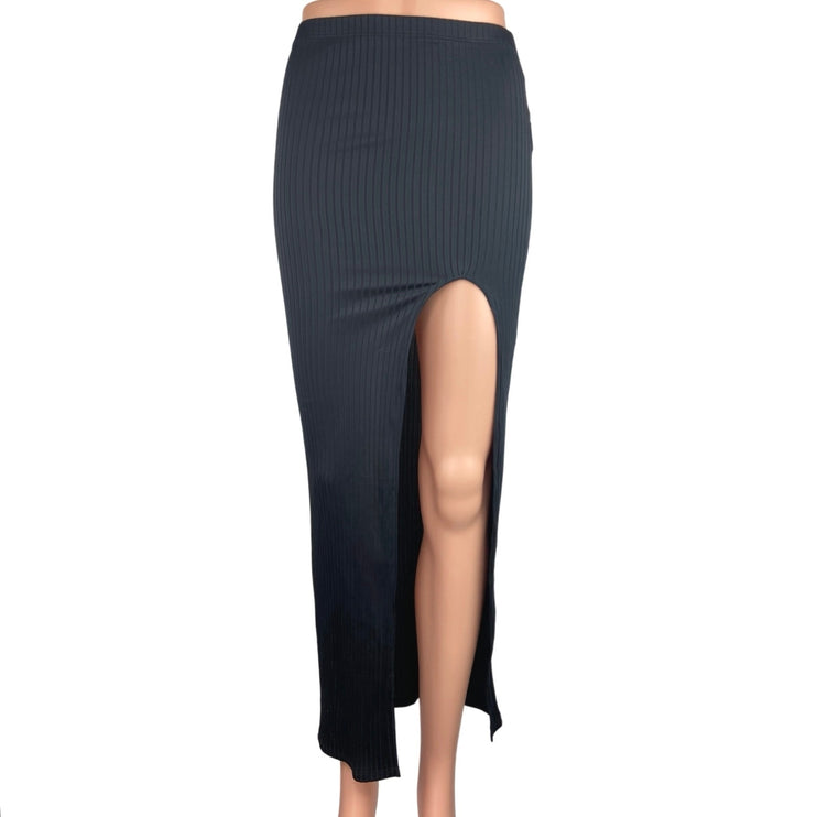 Fashion Nova NWT Black Settling Down High Slit Pull On Bodycon Maxi Skirt Size S