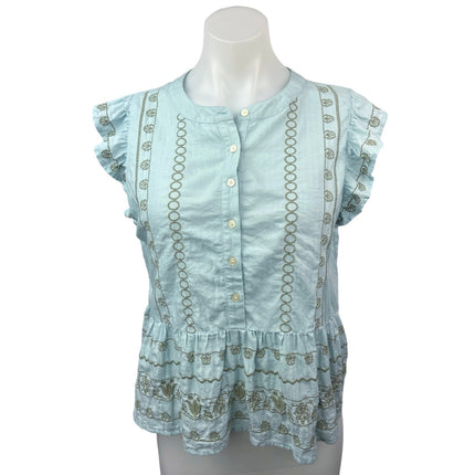 Ann Taylor LOFT Blue Ruffle Embroidered Button Down Peplum Blouse Top Size M