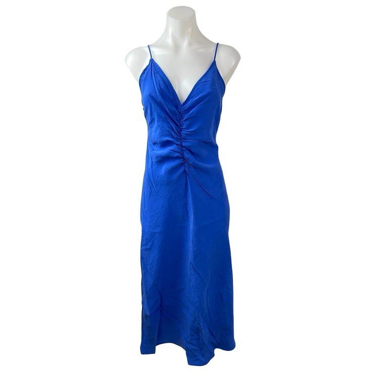 Zara Cobalt Blue Sleeveless V Neck Cami Tank Ruched Backless Maxi Dress Size M