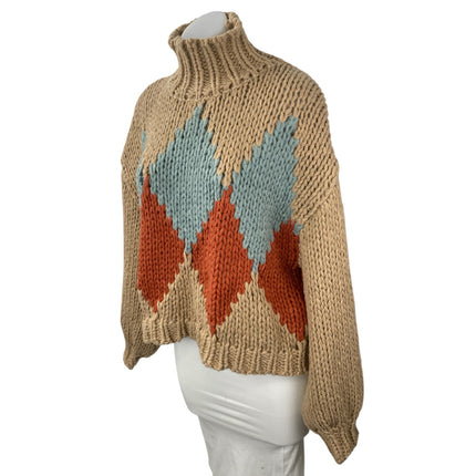 Little Lies Women's Tan Argyle Turtleneck Long Sleeve Knit Sweater Top Size S/M