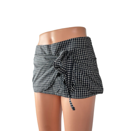 NEW Lioness Kensington Black Plaid Tie Wrap Low Waist Mini Skort Skirt Short XS