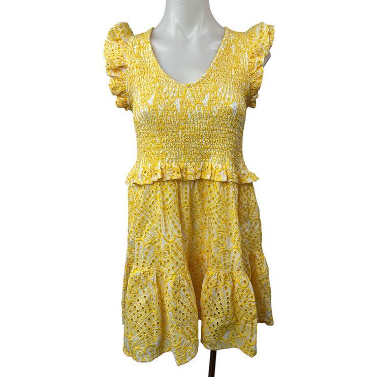 Elan Yellow Eyelet Smocked Ruffle Scoop Neck Short Sleeve Mini A-Line Dress Sz S