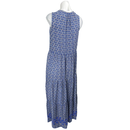 Max Studio Blue Geometric Print Sleeveless Tie V-neck Tiered Midi A-Line Dress S