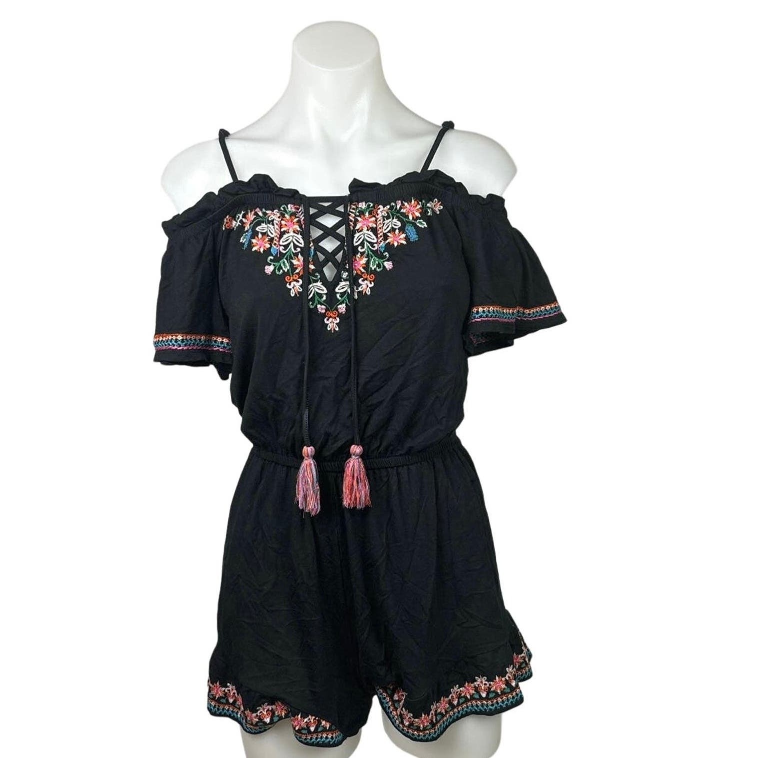 American Eagle Black Floral Embroidered Tassel Cold Shoulder Ruffle Romper Sz XS American Eagle Black Floral Embroidered Tassel Cold Shoulder Ruffle Romper Sz XS