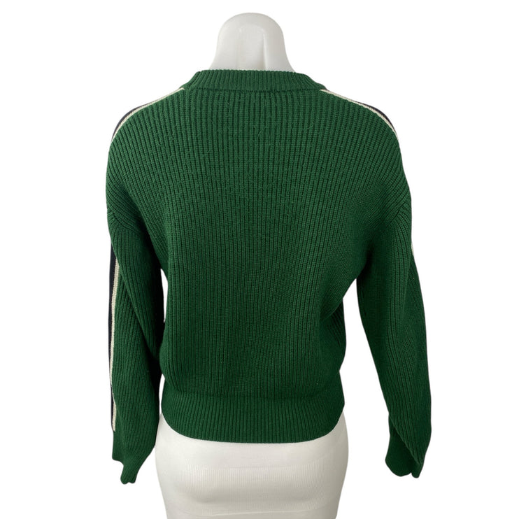 Zara Green Ribbed Crew Neck Shoulder Stripe Long Sleeve Sweatshirt Sweater Top M