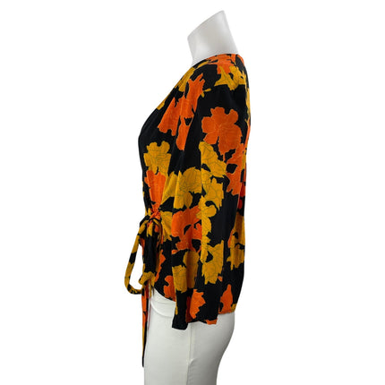 Topshop Women's Black Coral Floral Long Sleeve V Neck Wrap Blouse Top Size 6