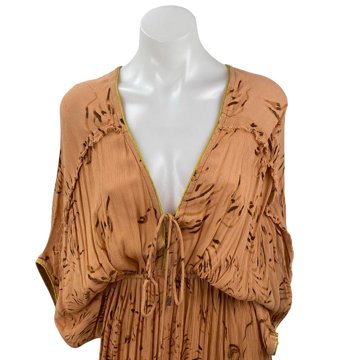 Z&L Tan Long Dolman Sleeve V Neck Pleated Open Back Blouson Maxi Dress Size S