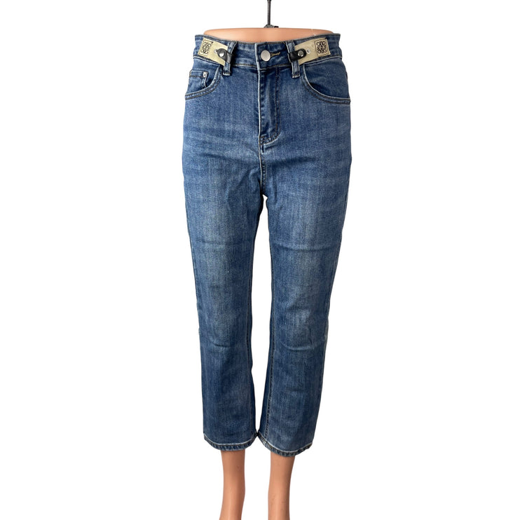 Women's Blue High Waisted Straight Leg Casual Y2k Cropped Denim Jeans Size 28