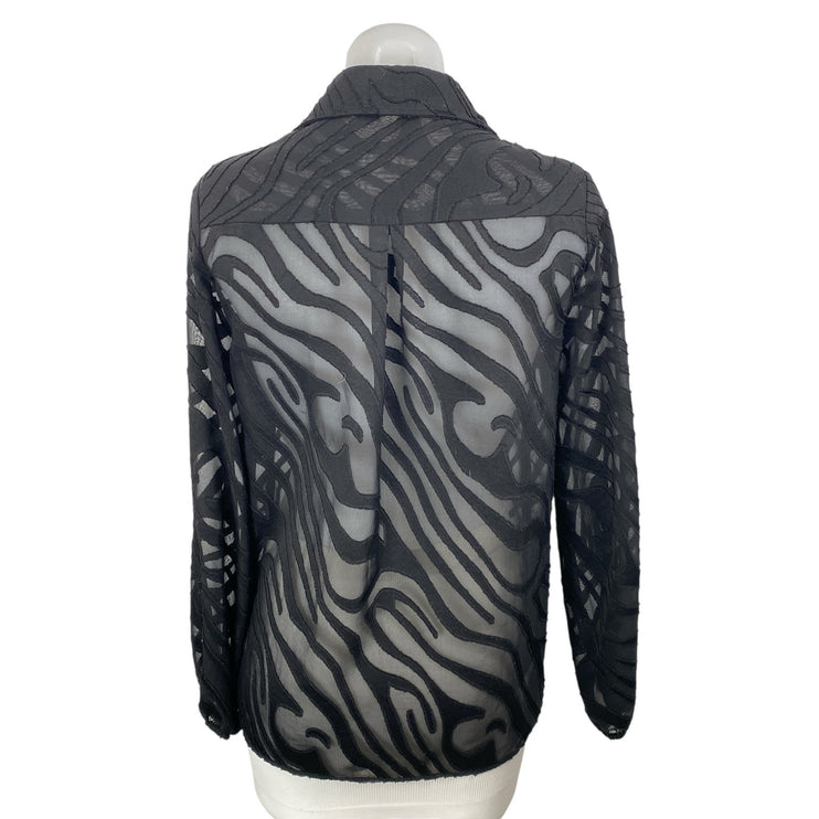Boohoo Women's Black Mesh Abstract Sheer Long Sleeve Button Down Shirt Top Sz 6
