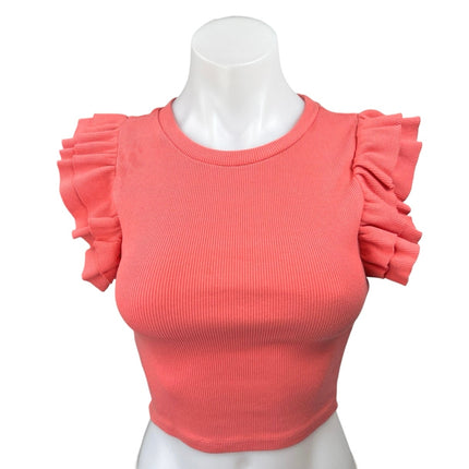 ZARA Coral Orange Rib Knit Ruffle Flutter Sleeve Pullover Crop Top Blouse Size S