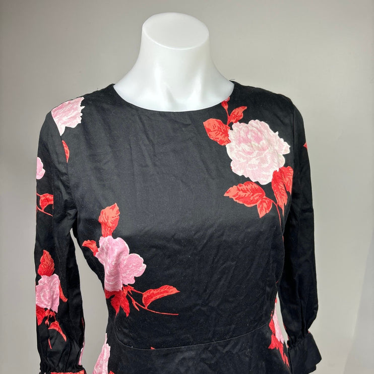 Who What Wear Black Red Cotton Rose Floral Tie Sleeve A Line Midi Dress Size S