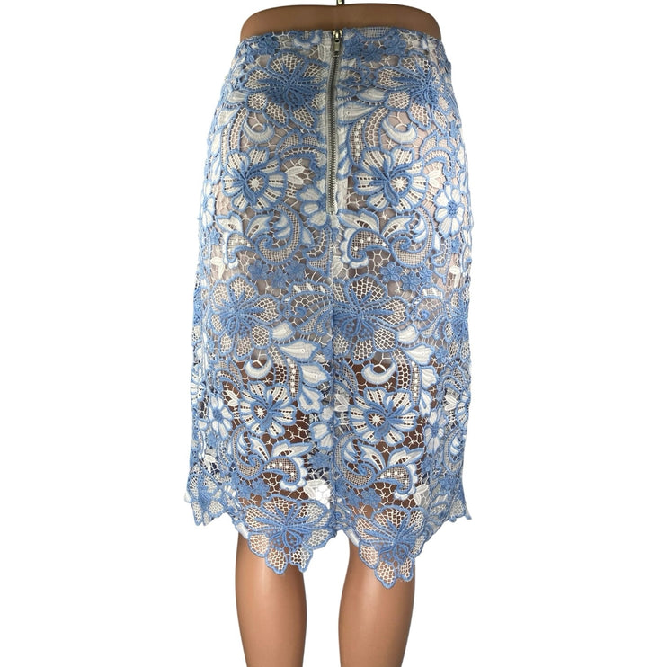 Glamorous Light Blue Floral Lace Embroidered Zipper Knee Length Pencil Skirt M