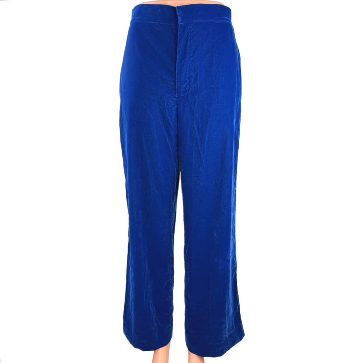 Zara Blue Velvet Velour High Waist Wide Flared Leg Crop Ankle Trousers Pants S