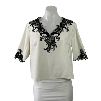 Ark & Co. Womens White Black Embroidered Eyelet V-neck Short Sleeve Blouse Top L