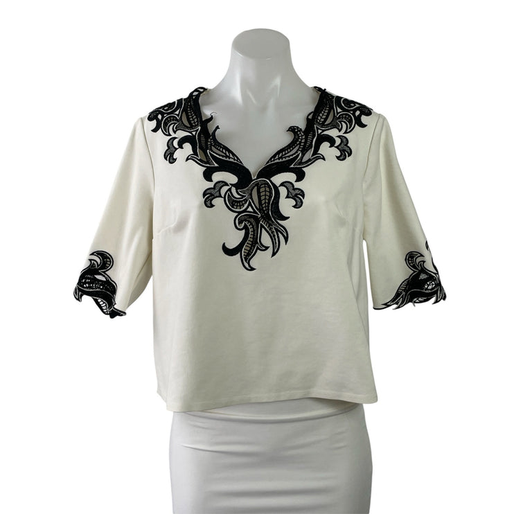 Ark & Co. Womens White Black Embroidered Eyelet V-neck Short Sleeve Blouse Top L