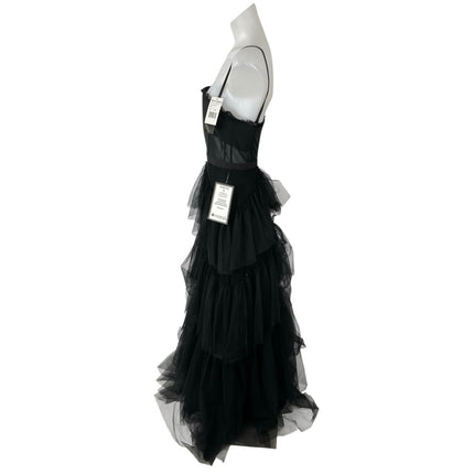 NEW Betsy & Adam Black Sleeveless Sheer Ruffle Tiered Prom Maxi Dress Gown 4