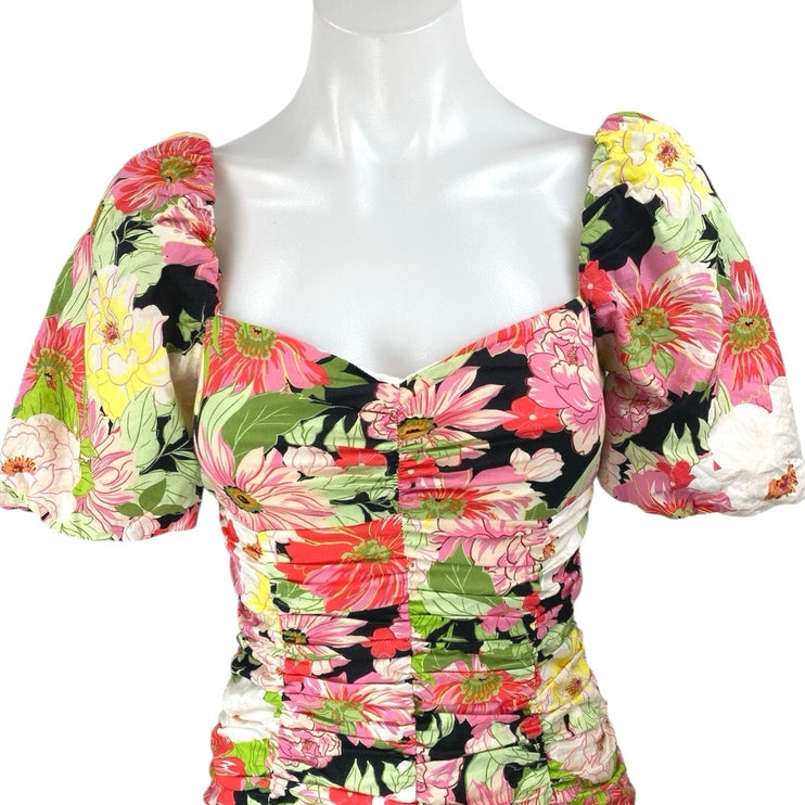 Zara Multicolor Floral Short Puff Sleeve Ruched Ruffle Mini Bodycon Dress Sz XS