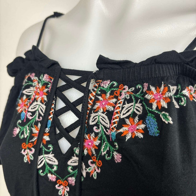 American Eagle Black Floral Embroidered Tassel Cold Shoulder Ruffle Romper Sz XS