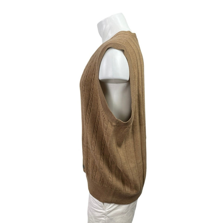 Viyella 100% Merino Wool Brown Cable Knit Cardigan Sweater Vest Tank Top Size XL